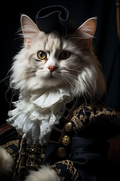 Portrait d'un chat impétueux Angora turc Costume de mousquetaire pirate Plume Design de mode Art du costume
