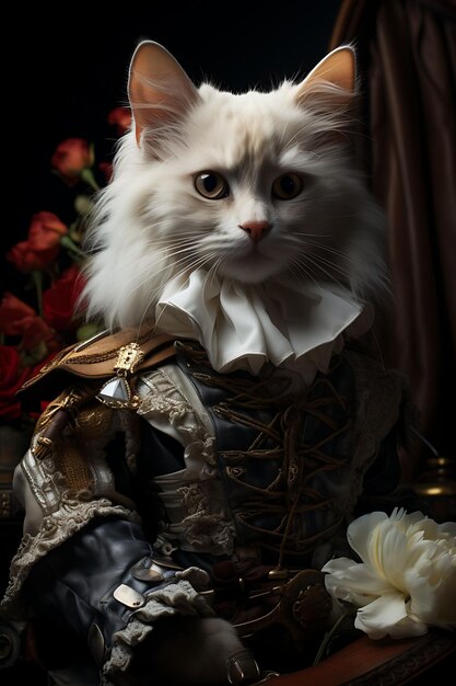 Photo portrait d'un chat impétueux angora turc costume de mousquetaire pirate plume design de mode art du costume