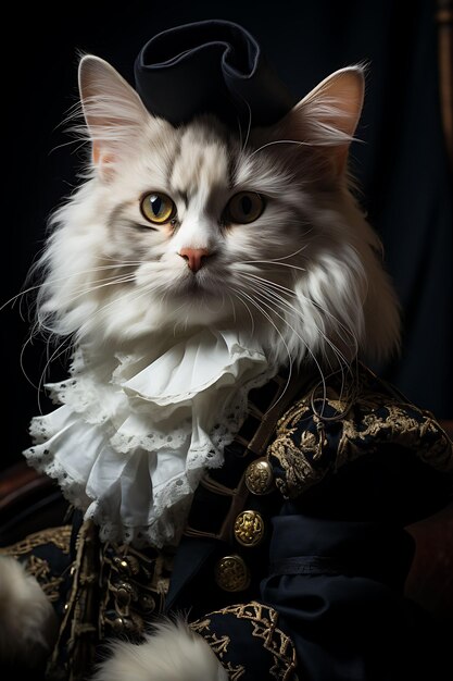 Portrait d'un chat impétueux Angora turc Pirate mousquetaire Costume Plume Design de mode Art du costume