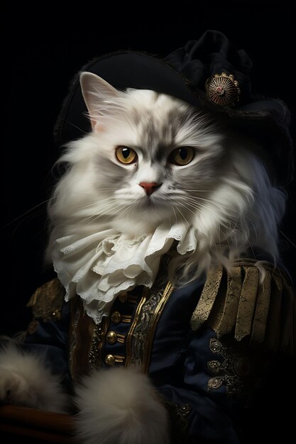 Portrait d'un chat impétueux Angora turc Pirate mousquetaire Costume Plume Design de mode Art du costume