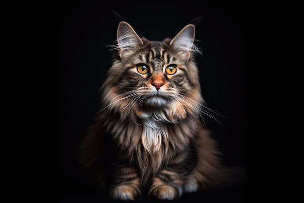 Portrait d'un chat Maine Coon sur fond noir