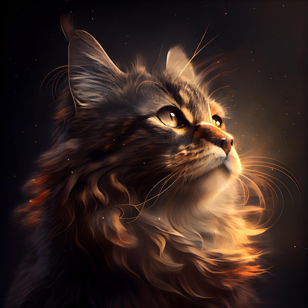 Portrait d'un chat Maine Coon sur fond noir