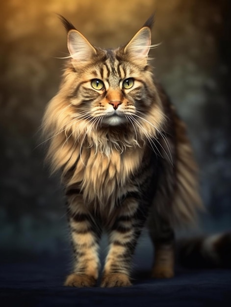 Portrait d'un chat Maine Coon à poil long sur fond sombre