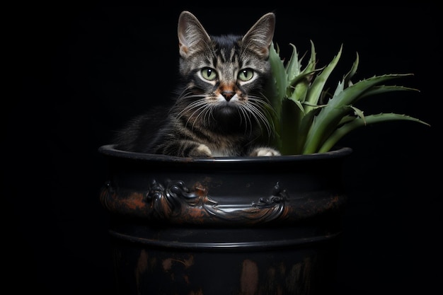 Photo portrait d'un chat mignon dans un pot sur fond noir