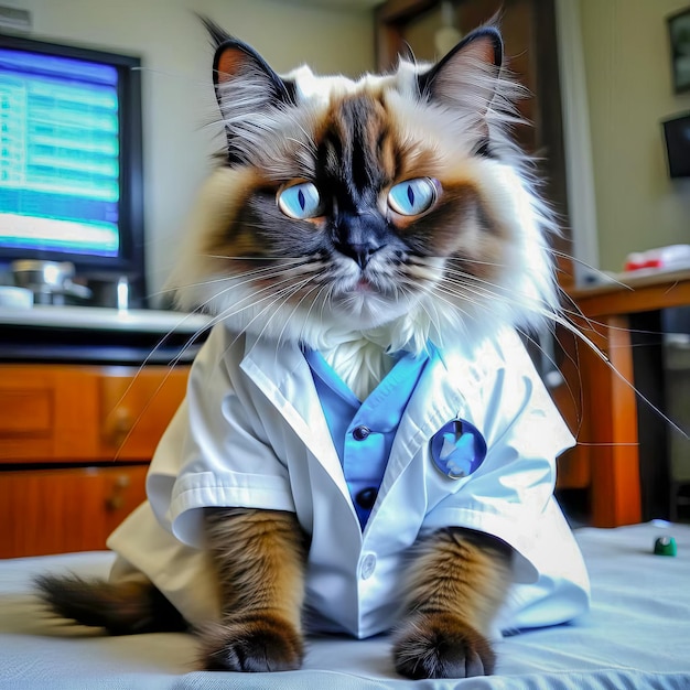 Portrait d'un chat mignon dans un stéthoscope en vêtements médicaux un médecin de chat dans une clinique vétérinaire vétérinaire de chat