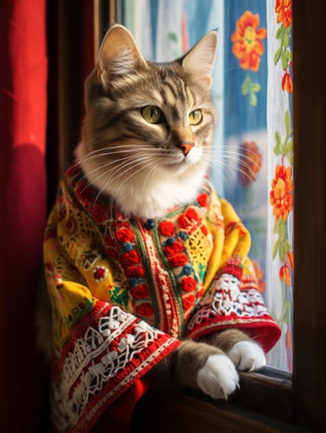 Photo portrait de chat moldave dans un foulard et une veste confortables posant avec élégance chat dans un portrait d'animal de studio