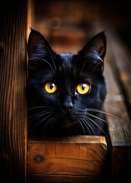 Photo portrait d'un chat noir aux yeux jaunes sur un fond en bois