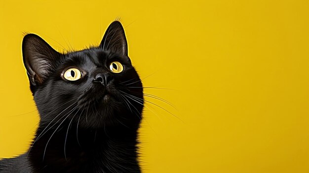 Portrait d'un chat noir aux yeux jaunes sur fond jaune levant les yeux