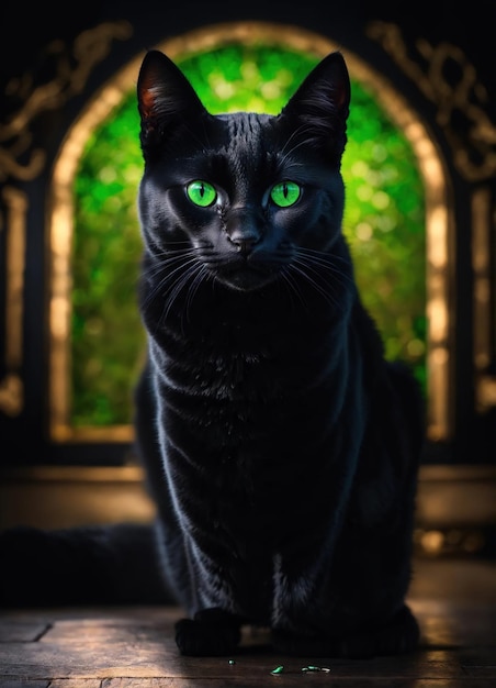 Portrait d'un chat noir aux yeux jaunes sur un fond sombre