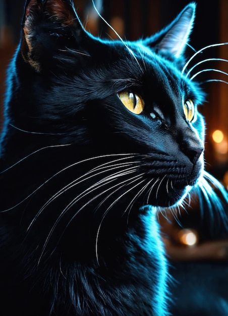 Portrait d'un chat noir aux yeux jaunes sur un fond sombre