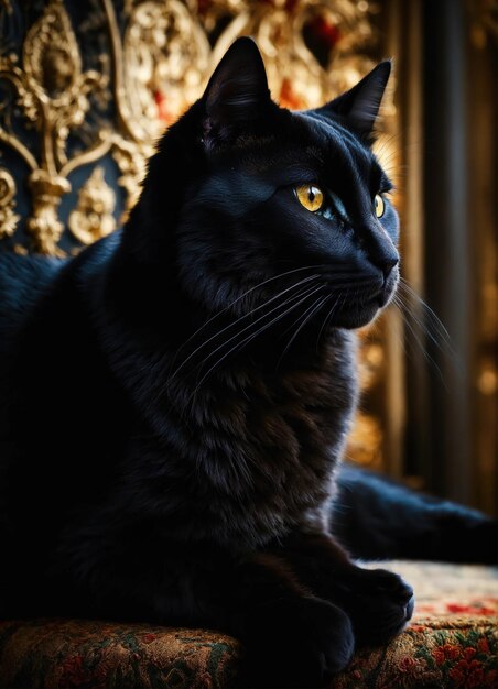 Photo portrait d'un chat noir aux yeux jaunes sur un fond sombre