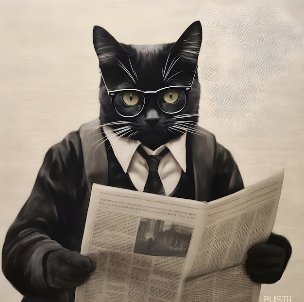 Portrait d'un chat noir en costume d'affaires avec un journal