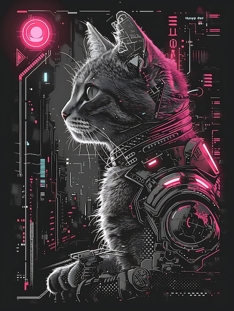 Portrait d'un chat persan avec une coquille cybernétique translucide et une bannière d'affiche cybernétique lumineuse