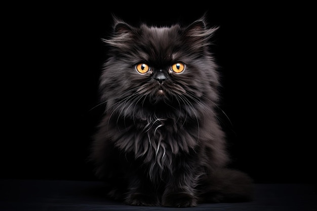 Portrait d'un chat persan noir sur un fond noir