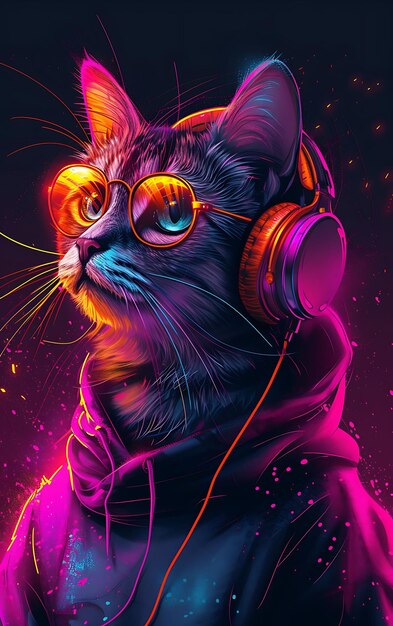 Portrait d'un chat plié écossais avec une capuche holographique accessoriée