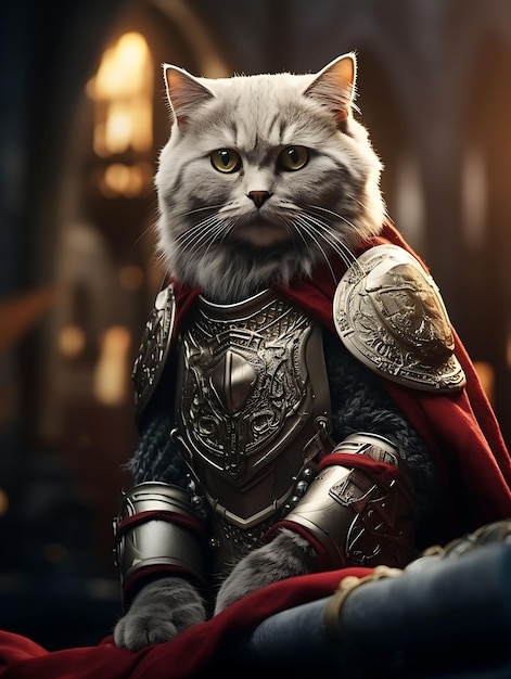 Portrait d'un chat plié écossais vêtu de chevalier pour une foire médiévale St Pet Costume festif Photo