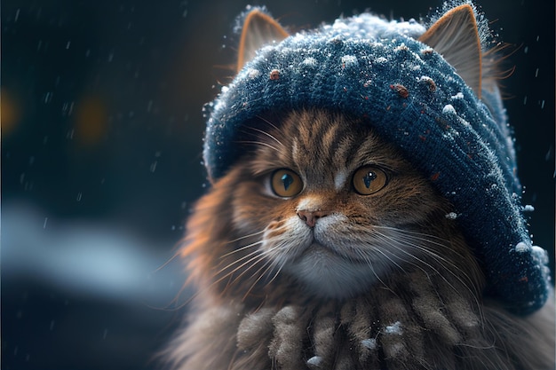 Portrait de chat portant bonnet et écharpe