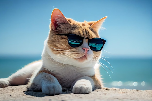 Portrait d'un chat portant des lunettes de soleil au bord de la mer Generative AI