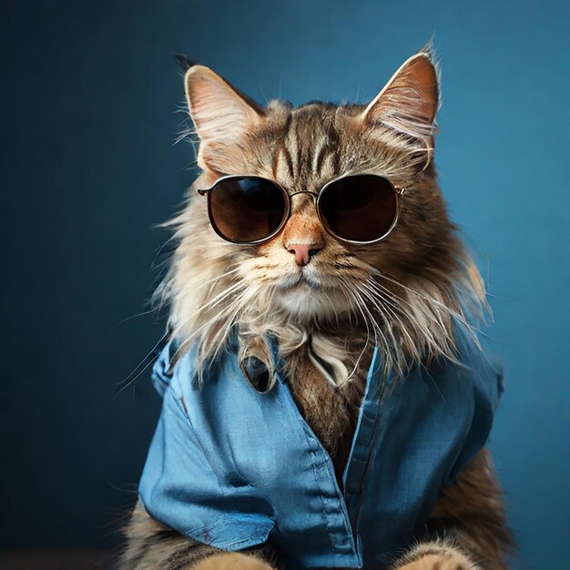 Photo portrait de chat portant des lunettes de soleil sur fond bleu généré par ai