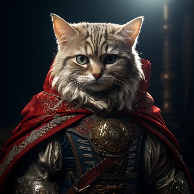 Portrait d'un chat Ragamuffin portant un masque de Lucha Libre et une cape frappante traditionnelle mexicaine