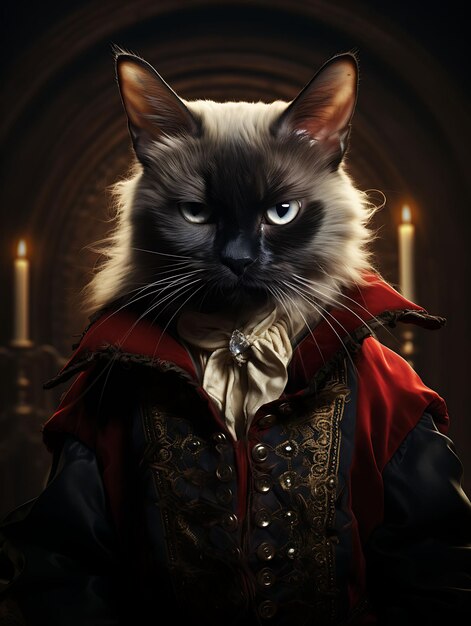 Portrait d'un chat siamois déguisé en vampire pour une fête d'Halloween Crouc Pet Costume festif Photo