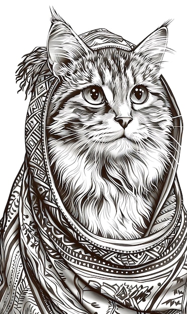 Portrait d'un chat sibérien portant une babushka avec un t-shirt de tatouage d'art expressif traditionnel