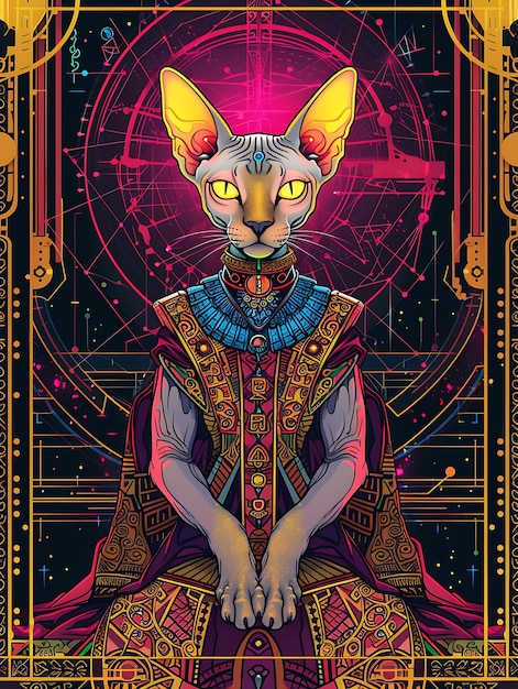 Portrait d'un chat Sphynx avec un trône cybernétique en lévitation et un affiche holographique cybernétique