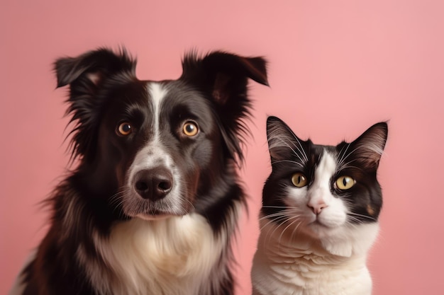 portrait d'un chat tigré et d'un chien de berger border collie regardant la caméra devant un rose pastel