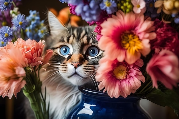 Portrait d'un chat tigré dans l'herbe et les fleurs Réseau de neurones généré par l'IA