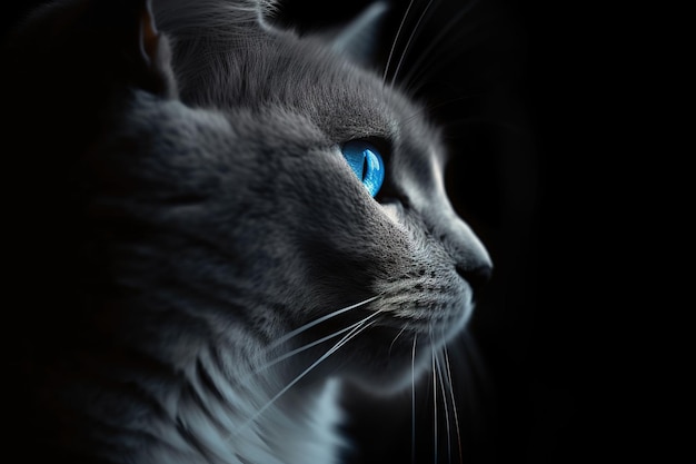 Portrait d'un chat tiré d'un chat gris aux yeux bleus dans le noir ai génératif
