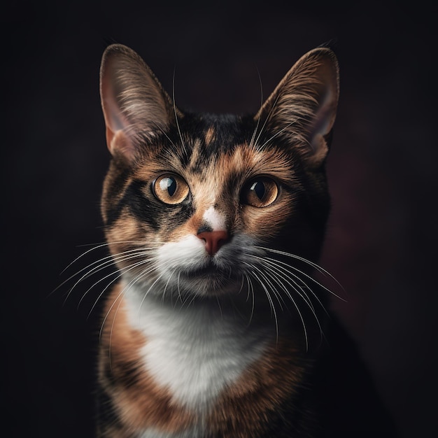 Portrait d'un chat tricolore sur fond noir AI générative