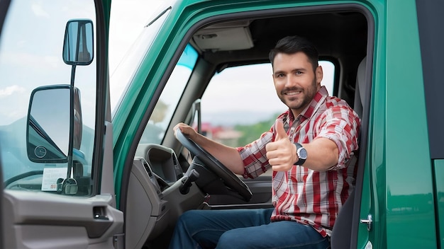 Portrait d'un chauffeur de camion assis dans son camion tenant les pouces en l'air