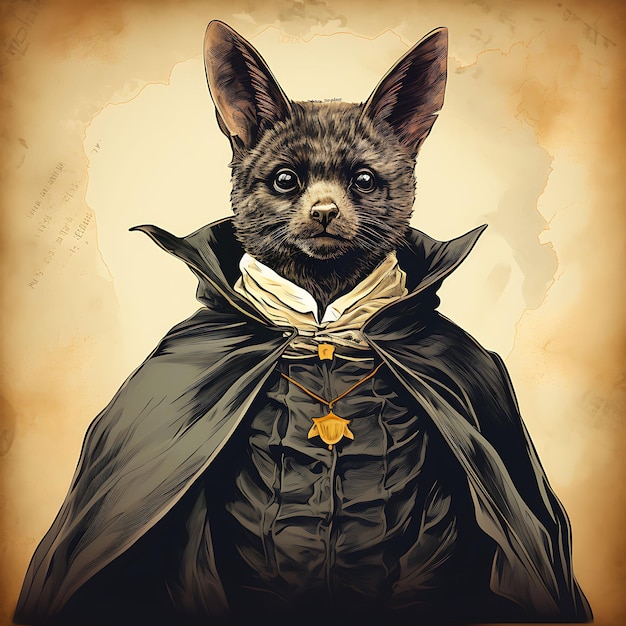 Portrait de chauve-souris portant une cape avec pose nocturne et affiche vintage Mischievou 2D Flat Design Art