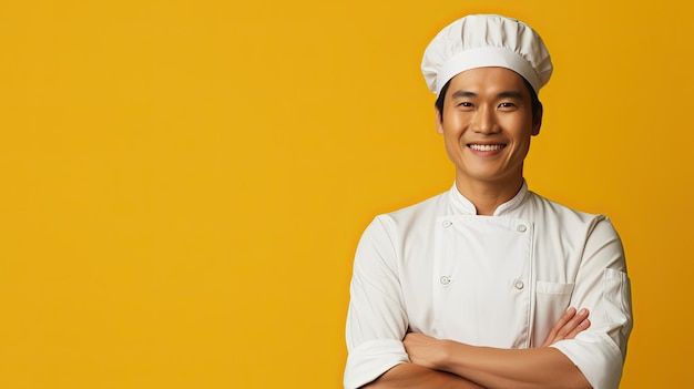 Portrait de chef asiatique souriant sur fond jaune uni avec espace de copie