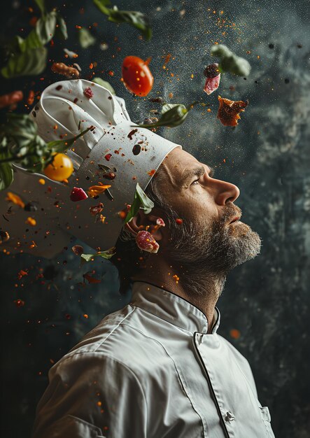 Photo portrait d'un chef européen sur un fond gris avec beaucoup de légumes volants ia générative