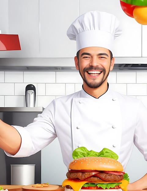 Portrait d'un chef heureux préparant un burger dans une cuisine commerciale