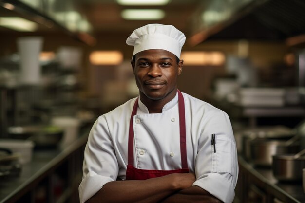 Portrait d'un chef noir dans une cuisine commerciale.