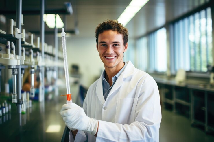 Photo portrait d'un chercheur souriant effectuant des recherches scientifiques dans un laboratoire un étudiant souriant attrayant tenant une grande pipette générée par l'ia