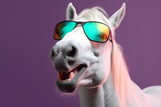 Portrait cheval amusant fond animal lunettes lunettes de soleil colorées sombre sourire drôle IA générative