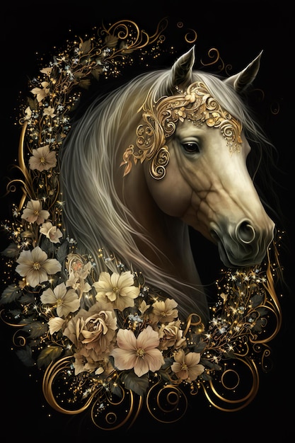 Portrait Cheval Arabe blanc doré avec des fleurs Affiche d'art numérique de luxe AI générative