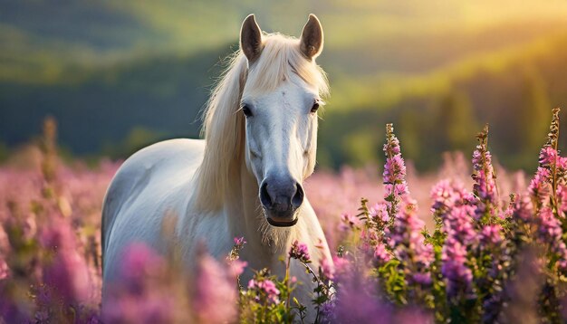 Photo portrait de cheval blanc dans un champ avec des fleurs roses ferme ou animal sauvage arrière-plan naturel flou