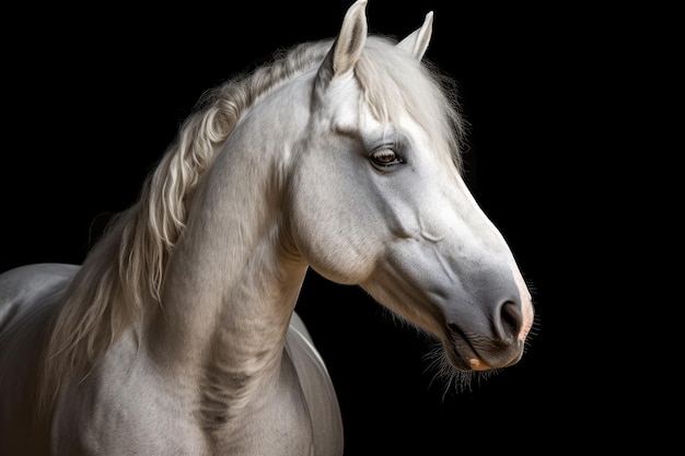 Portrait d'un cheval blanc sur fond noir