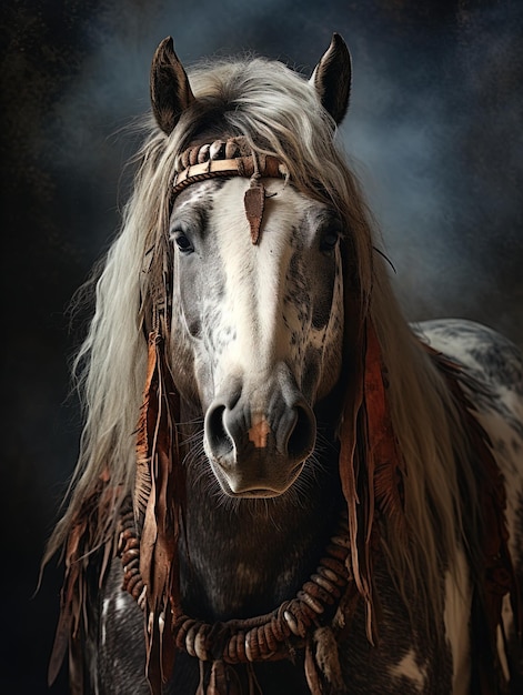 portrait d'un cheval avec une bride et une plume sur la tête