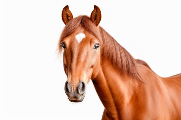 Photo portrait d'un cheval de couleur châtaignier avec une longue crinière sur fond blanc