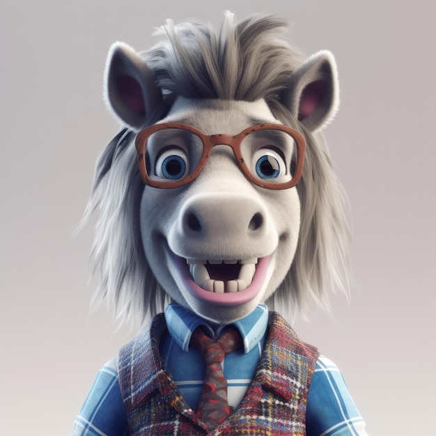 Portrait de cheval de dessin animé 3D portant des vêtements lunettes chapeau et veste debout devant