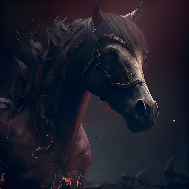 Portrait de cheval avec feu et fumée sur fond sombre rendu 3d