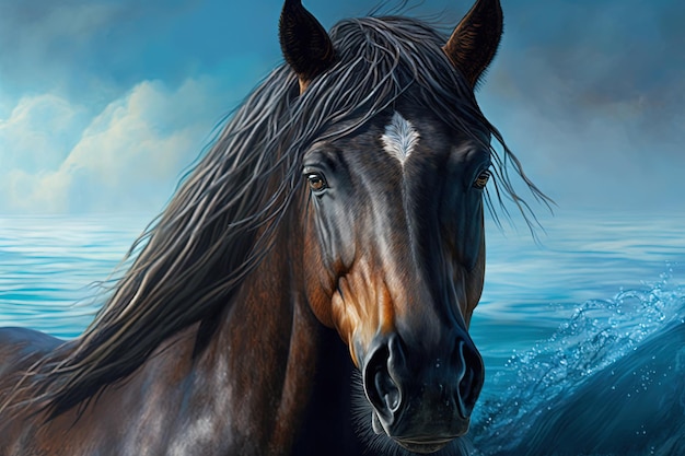 Portrait d'un cheval sur fond de mer bleue