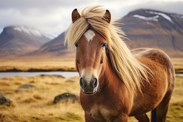 portrait de cheval islandais dans un paysage islandais ai génératif