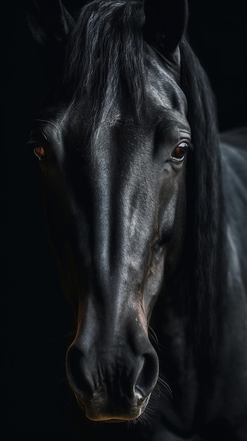 Portrait d'un cheval noir sur fond noir