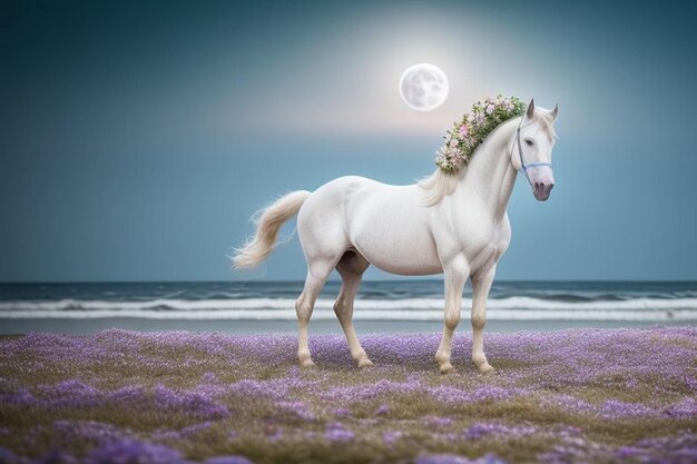 Photo portrait d'un cheval sportif avec une couronne de fleurs sur fond noir